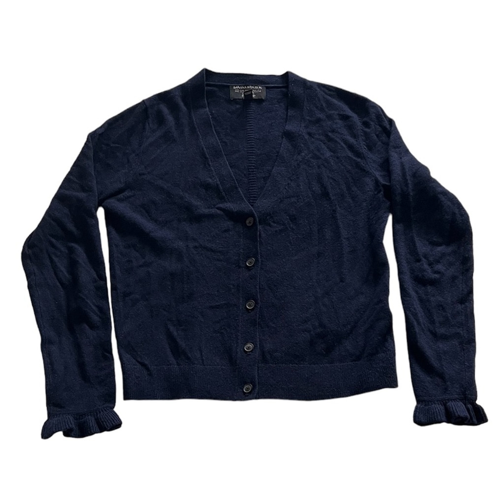 Navy Blue Banana Republic Merino Wool/Cashmere Cardigan with Ruffle Sleeve - Picture 3 of 7